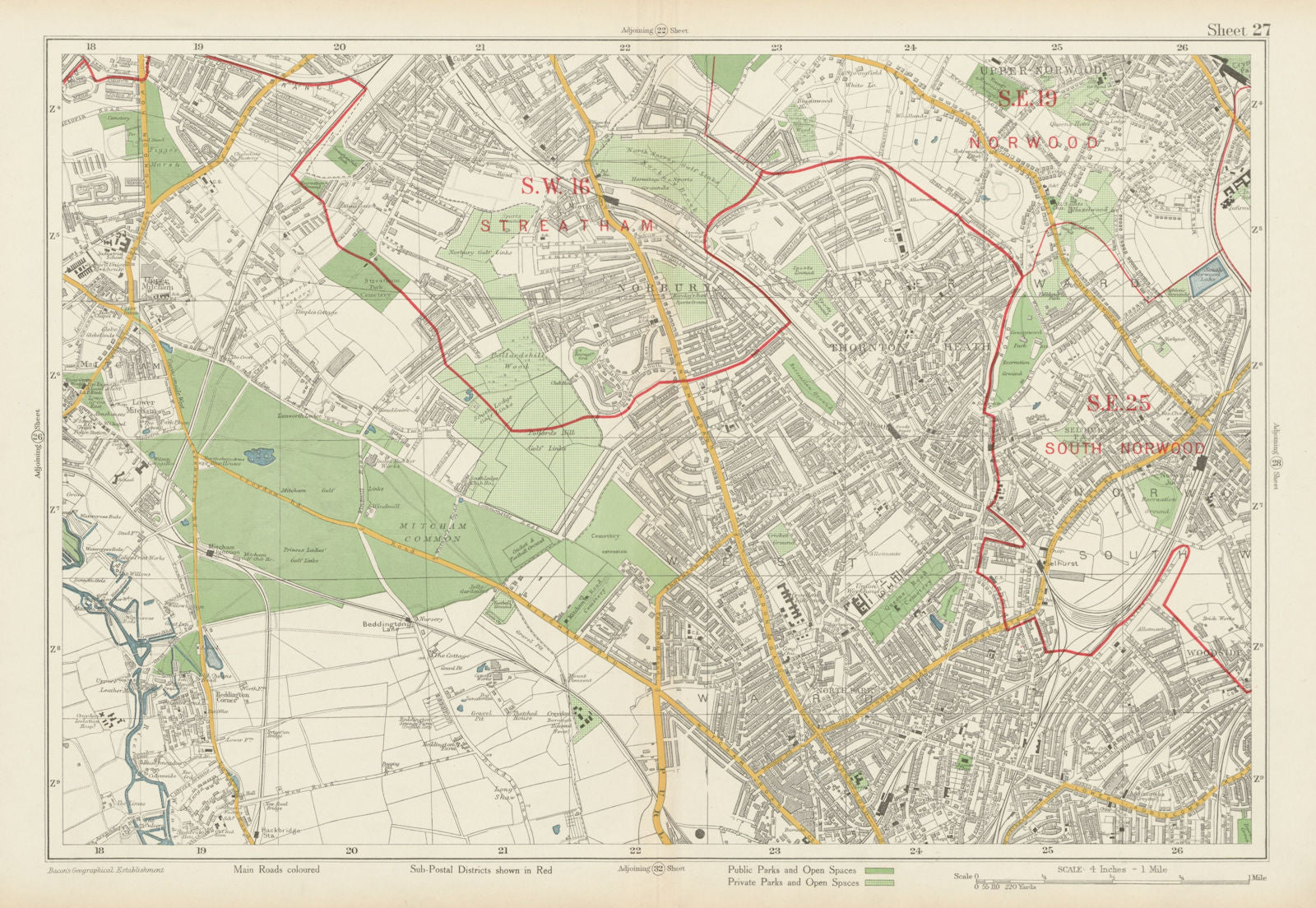 STREATHAM CROYDON MITCHAM South Norwood Thornton Heath Woodside. BACON 1934 map